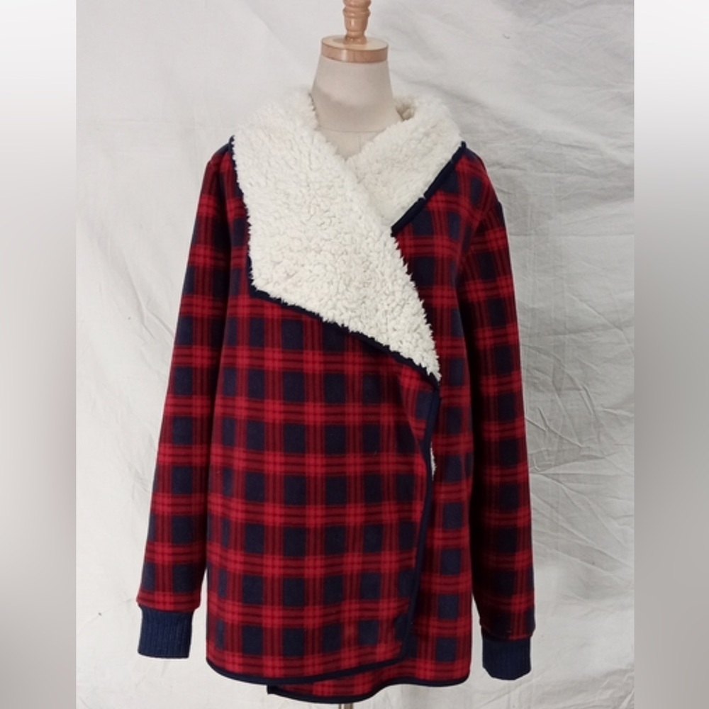 Jachs Girlfriend Women Plaid Blue Red Sherpa Cardigan Sweater Jacket SZ S